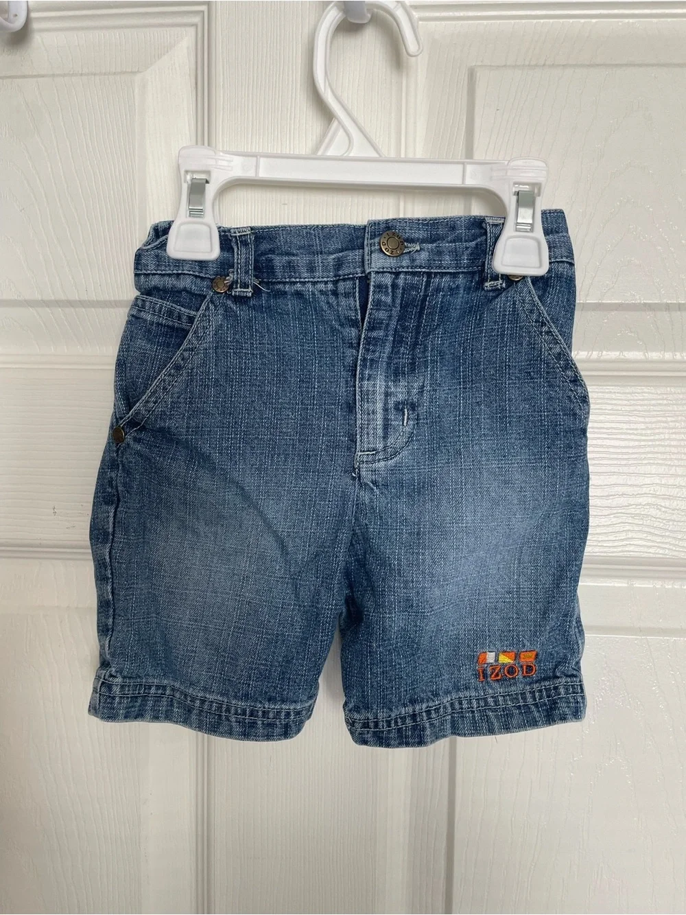 Izod boys' 18-24 Months Denim Shorts with Orange Logo